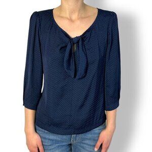 CAbi Navy Polka Dot Blouse Top 3/4 sleeve Tie Front V Scoop Neck Size XS Poly